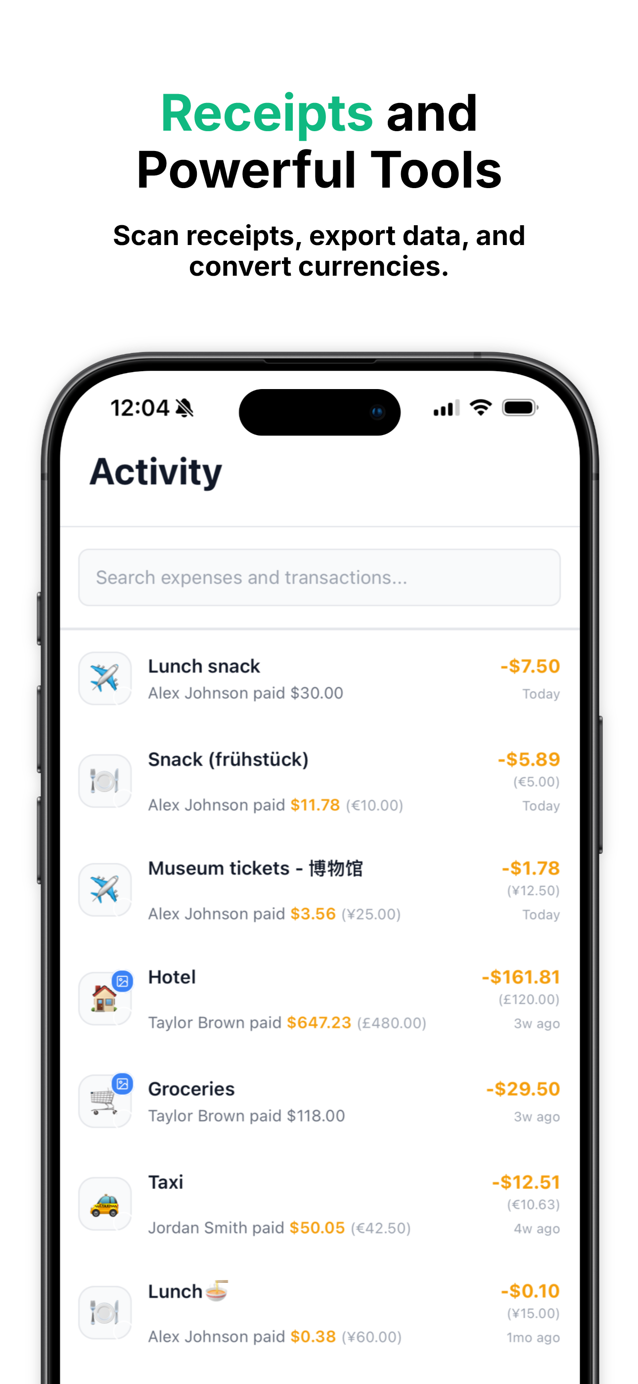 Receipt scanning and currency conversion